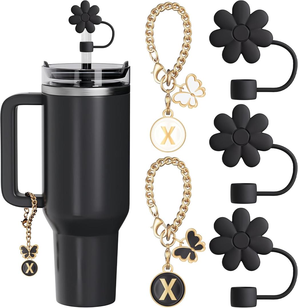 Compatible with Stanley Cup Accessories, 3PCS Straw Toppers for Stanley Straw Cover Cap, 2PCS Cute Letter for 30&40 Oz Tumbler with Handle (Black)