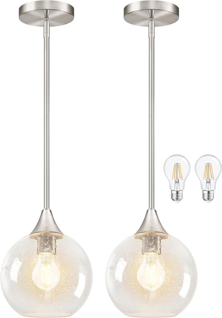 8" Clear Glass Modern Pendant Light Kitchen Island 2PK Mid Century Brushed Nickel Modern Pendant Lighting with Glass Globe Modern Hanging Pendant Light for Dining Room Foyer（Bulb Incl.