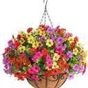Artificial Hanging Flowers Basket for Outdoors,Fake Faux Hanging Plants Flowers Basket Realistic Spring Summer Outside Decor for Front Porch Garden Balcony (Mix Red Purple Yellow Hot Pink)