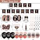 60th Birthday Decorations for Women, 33pcs Black Rose Gold Happy 60th Birthday Banner Crown and Sash Balloons Backdrop Hanging Swirls Paper Fans, 60 Years Old Party Supplies Kit