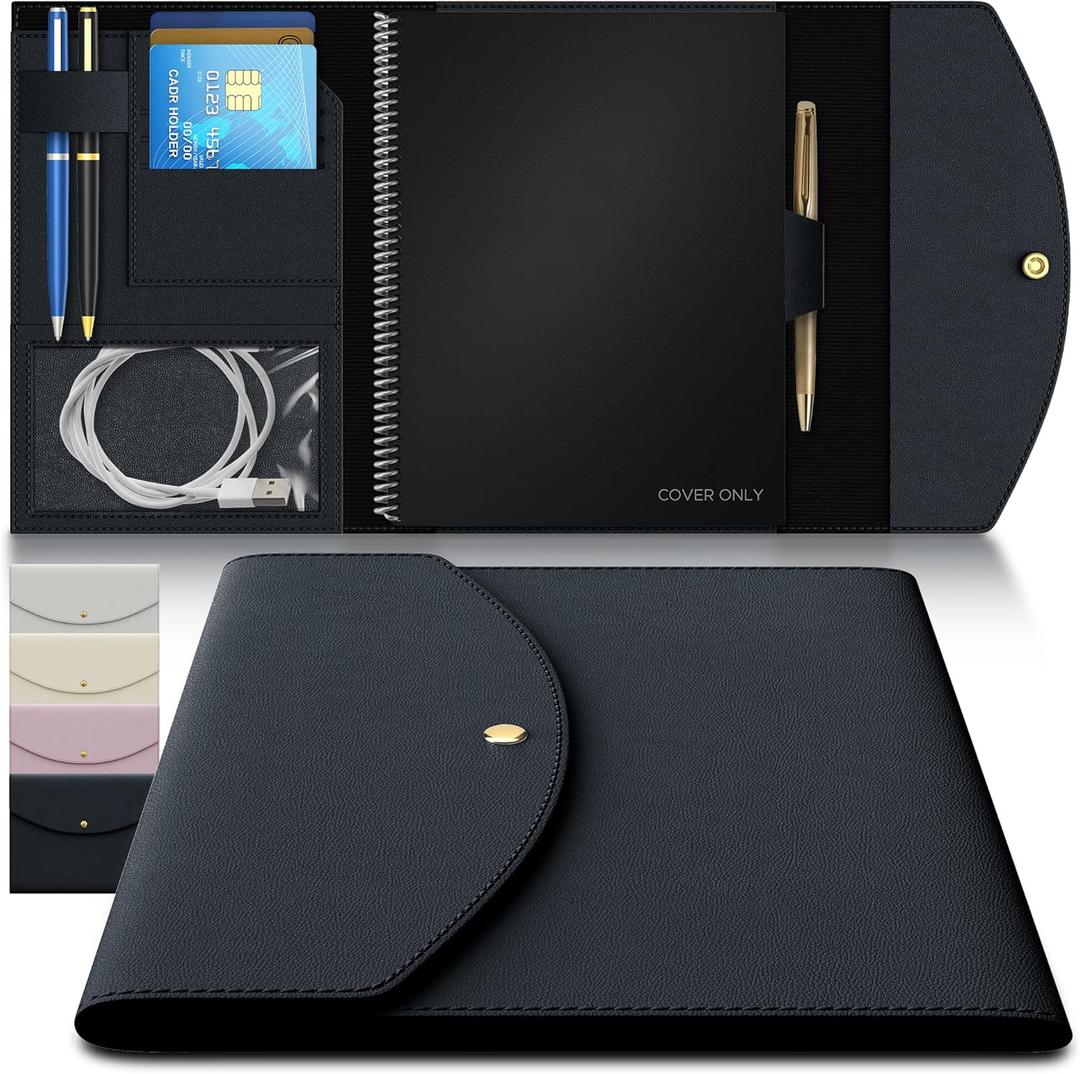 A5 Notebook Cover for Rocketbook, Planner & Journal  Slim Vegan Leather Folio with Pen Loop, Card Slots & Pockets  Fits Rocketbook Core, Panda, Fusion & Most 6" x 8.8" Notebooks (Black)
