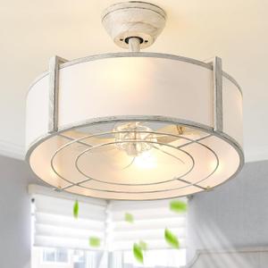 SYDACG 20" Caged Ceiling Fan with Lights, White Fandelier Chandelier Fan with Remote Control, 6 Speeds for Bedroom, Nursery, Living Room