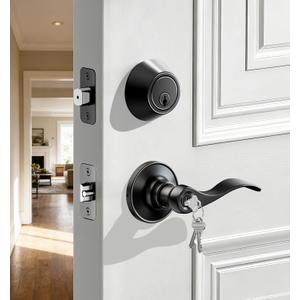 Veise Keyed Alike Front Door Handle Lock with Single Cylinder Deadbolt Combination Set, Exterior Entry Door Locksets with Deadbolt, Wave Zinc Alloy Style Lever keyed Entry Lock, Matte Black