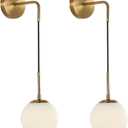 KCO Lighting Frosted White Glass Wall Sconce Set of Two Brass Gold Globe Ball Wall Light Adjustable Cord Industrial Vanity Wall Lamp for Bathroom Mirror Bedside Stairs (White)