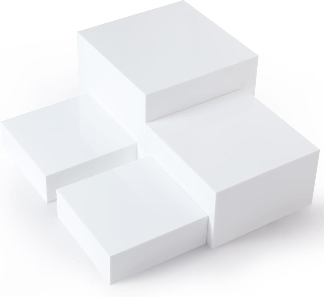 Set of 4 Acrylic Cube Display Box Risers Food Buffet Riser For Table, Retail Showcase, Catering, Cakes, Collectibles, Toys, Jewelry, Cosmetics, Crystal Decor Container, Stackable, Nesting Stands