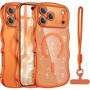 BENTOBEN Magnetic for iPhone 17 Pro Case 2025, Clear Glitter Cute Curly Wavy [Compatible with Magsafe] Sparkly Shinny Slim Design Shockproof Protective Girly Women Phone Cover,Cosmic Orange/Clear