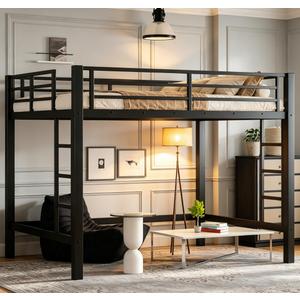 Bellemave Full Loft Bed with 2 Ladders and Guardrails, Metal Loft BedFrame for Adults, Kids, Teens, Black