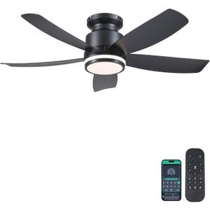 Modern Ceiling Fans with Lights and Remote/APP Control, 41 inch Flush Mount Ceiling Fan with Ring Lights, LED 3 CCT Dimmable 5 Reversible Curved Blades 6 Speeds for Bedroom Living Room, Black