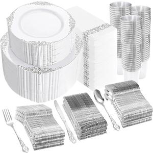 YOUBET 700PCS Silver Plastic Plates - White and Silver Disposable Plates - Silvery Plastic Dinnerware Set - Include 200 Plates, 300 Heavy Duty Silverware, 100 Cups and 100 Napkins for Wedding & Party