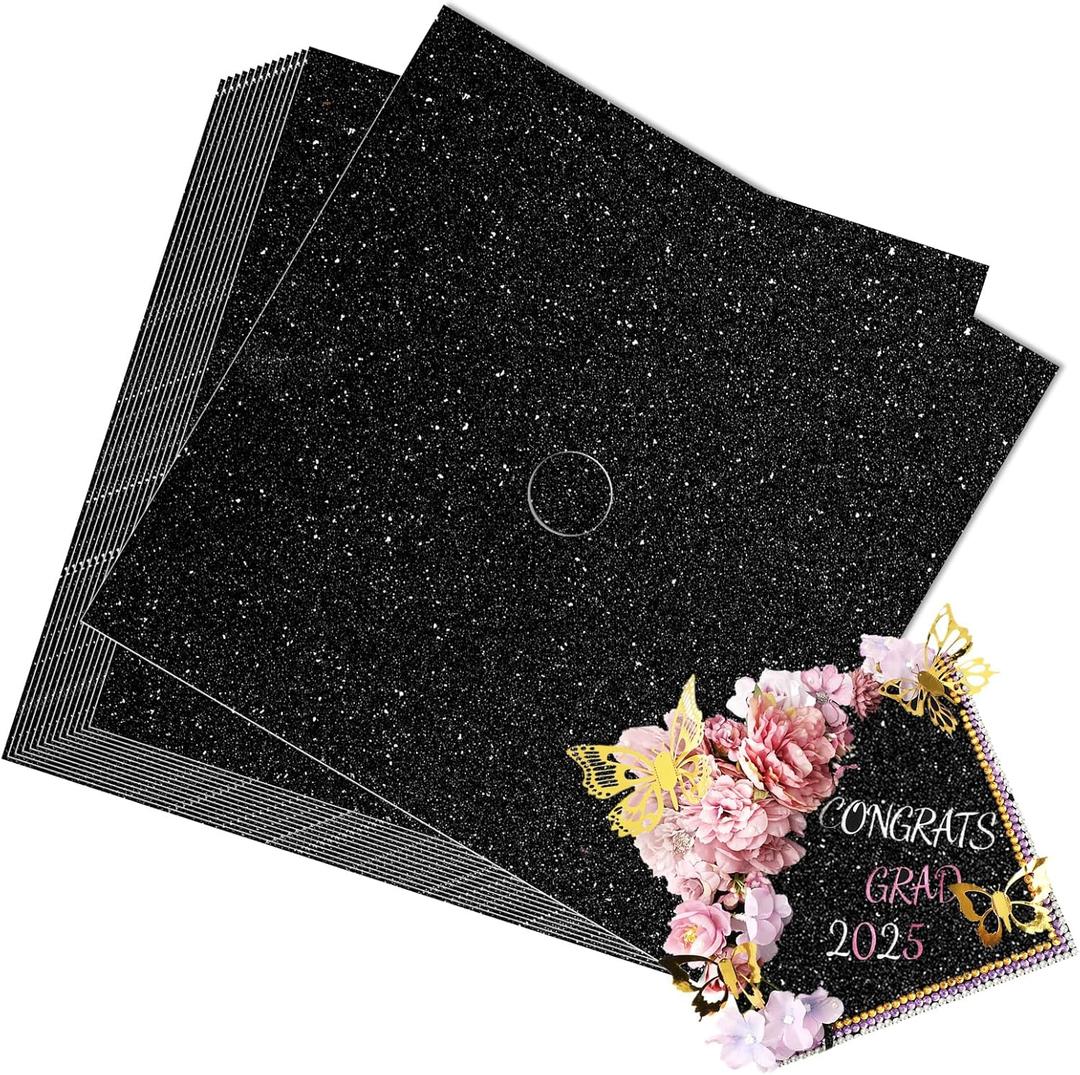 JarThenaAMCS 30Pcs Black Glitter Cardstock DIY Graduation Cap Decoration Kits Construction Paper for Grad Caps with Glue Points for Congrats Grad Party Favors Supplies