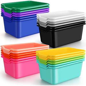 Dandat 24 Pcs Plastic Cubby Storage Bins Colorful Classroom Cubby Organizer Book Bins for Classroom Library Bulk Stackable Toy Containers with Handles for Home Office Daycare Preschool (Bright Color)