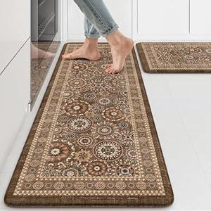 KIMODE Anti Fatigue Kitchen Mats for Floor Farmhouse Kitchen Rugs Sets of 2 Cushioned Kitchen Floor Mats Comfort Standing Mat for Sink Laundry Office Desk Brown 17"x47"+17"x29"