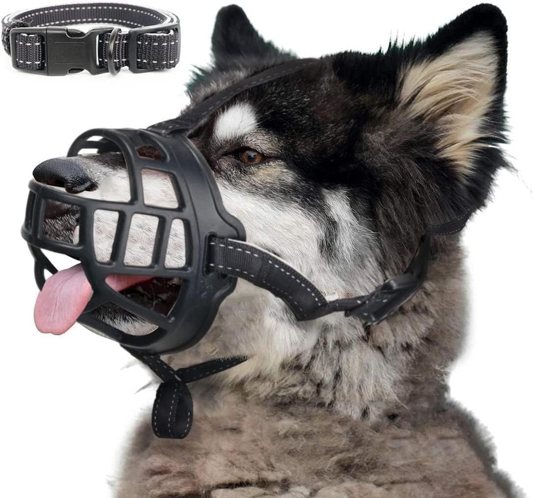 BARKLESS Dog Muzzle, Soft Silicone Basket Muzzle for Dogs, Allows Panting and Drinking, Prevents Unwanted Barking Biting and Chewing, Included Collar and Training Guide (4 (Snout: 10"-12"), Black)