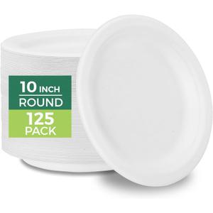 Freshware Paper Plates - Disposable 10" Plate, 125-Pack, Biodegradable Sugarcane Fiber Dinner Plates - Heavy Duty Dinnerware for Hot Food - Microwave & Freezer Safe, Stackable Dinnerware