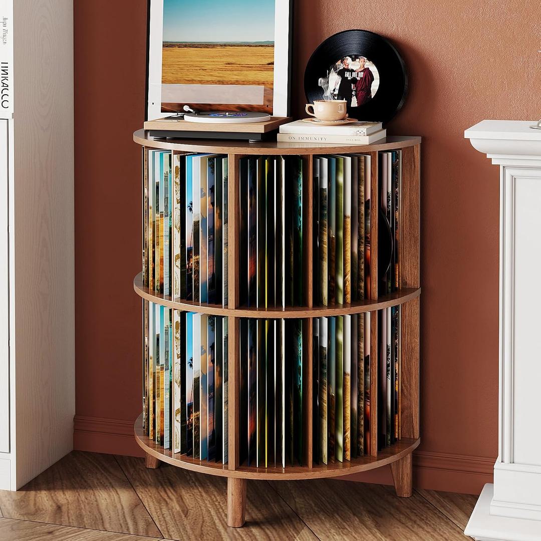 GiftGo 3-Tier Vinyl Record Storage Half Round Mid Century Vintage Player Table with Spacious Storage Turntable Stand Perfect for Living Room Bedroom (Walnut, L-27.5)