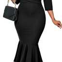 Elegant Dress for Women Sexy V Neck Long Sleeve Bodycon Midi Fishtail Dresses (Large, Black)