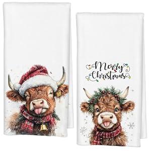 Qabliqo Funny Highland Cow Christmas Kitchen Hand Towels, Highland Cow Christmas Decor, Winter Xmas Cute Baby Cows Decorative Hand Towels for Kids Bathroom Washroom, 16x24 Inch Set of 2
