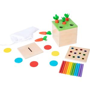 Adena Montessori 3 for 1 Wooden Montessori Play Kit Baby Toys,includes Matchstick Color Drop Game,Carrot Harvest Game and Coin Box,Learning Toy for Kid 1,2,3 Year Old,Girl Boy Gift for Baby 6-12 Month
