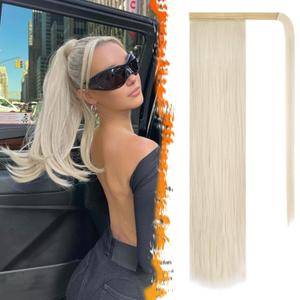 BARSDAR Ivory White Straight Wrap Ponytail Extension  20 Inch Long Straight Wrap Around Ponytails for Women, Synthetic Clip in Ponytail Extensions Ivory Blonde Pony Tails Hairpieces
