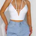 SOLY HUX Women's Tie Backless Halter Crop Top Y2k Cut Out Deep V Neck Party Rave Tops (White, M)