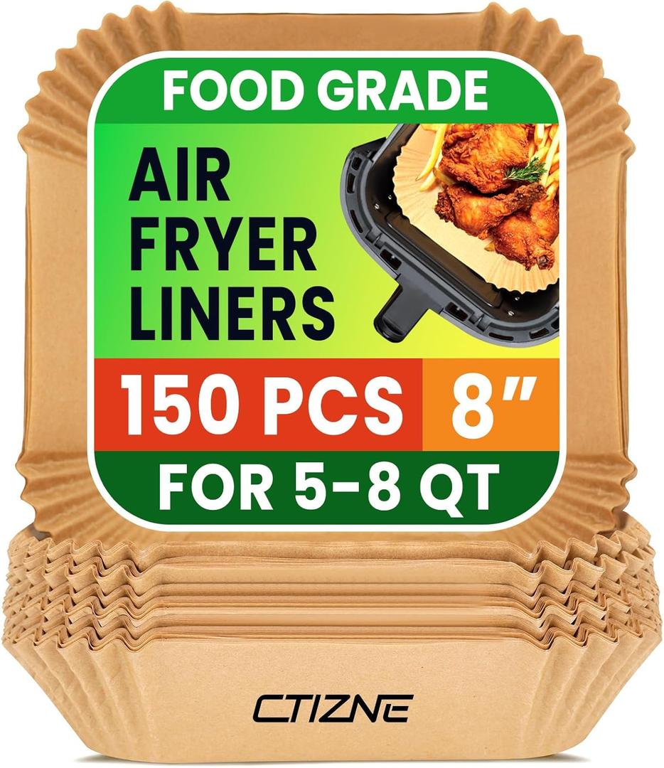 Air Fryer Liners Disposable, 150Pcs 8" Square [Food Grade Material] Unbleached Parchment Paper Liners Non-Stick & Waterproof Oilproof for 5-8 QT Airfryer Basket, Baking, Roasting Microwave, Oven