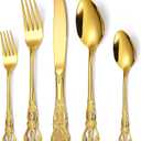 Gold Gorgeous Retro Royal 40 Pieces Flatware Set for 8,Silverware Set 18/0 Stainless Steel Mirror Flatware Cutlery Set, Include Forks Spoons and Knives set, Antique Baroque Dishwasher Safe