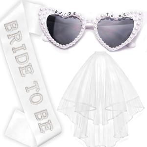 Bachelorette Party Bride to Be Decorations - 3 PCS | Pearl Sash, White Heart Sunglasses, Veil | Bridal Shower Favors, Wedding, Engagement