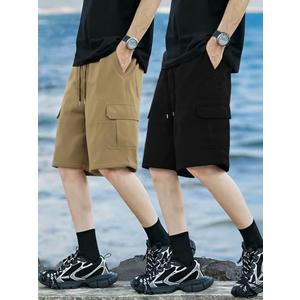 2PCS Men's Cargo Shorts with Drawstring Elastic Waist & Multiple Pockets, Casual Workwear Shorts for Young Men L