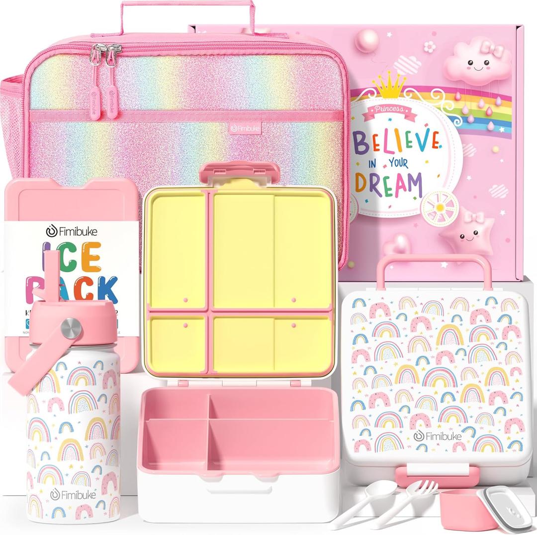 Fimibuke Kids Bento Lunch Box with 4 Compartments, Insulated lunch Bag, Stainless Steel Insulated Water Bottle, Ice Pack & Utensils Set, Birthday Gifts for Ages 3-12 Back to School Toddler Girls Boys (A10. Rainbow)