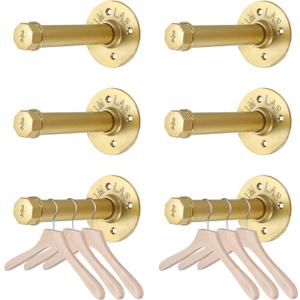 BTSKY 6 Pack Clothes Rack with Screws, 6 Inch Metal Industrial Pipe Clothes Bars for Hanging Clothes, Heavy Duty Wall Mounted Clothing Hanging Rod Shelving Brackets for Laundry Room Retail Store, Gold