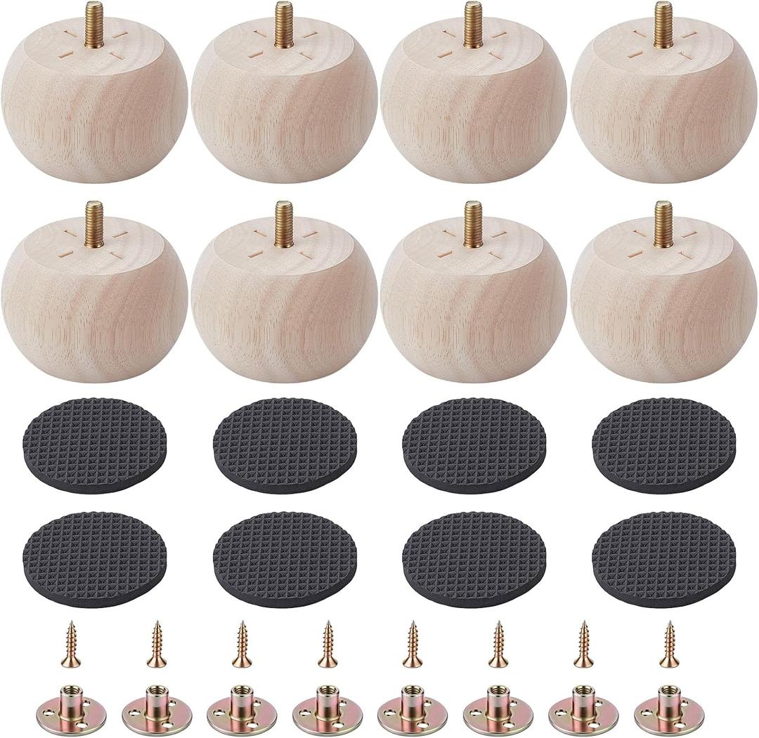 8 Pcs Round Furniture Legs, 2.8 Inch Bun Feet for Furniture Modern Couch Feet for Couch Chair Sofa Dresser Desk Table Cabinet Bed Bookcase (Wood)