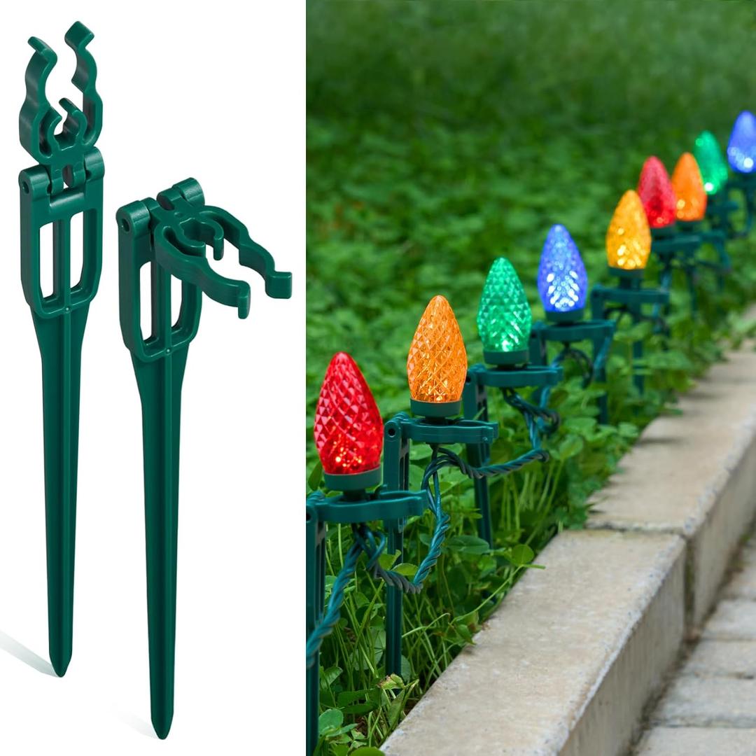 SURAIELEC 50 PCS Christmas Light Stakes, 9.5" Tall Stakes for C7 C9 Christmas Lights Outdoor, Univeral Plastic Light Stakes for Yard, Holiday Decorations, Pathway, Driveway, Lawn, Green