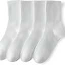 YUWELL Womens Striped Crew Socks, Cotton Cozy Casual Socks for Women 4 Pairs, Size 5-10, Pure White