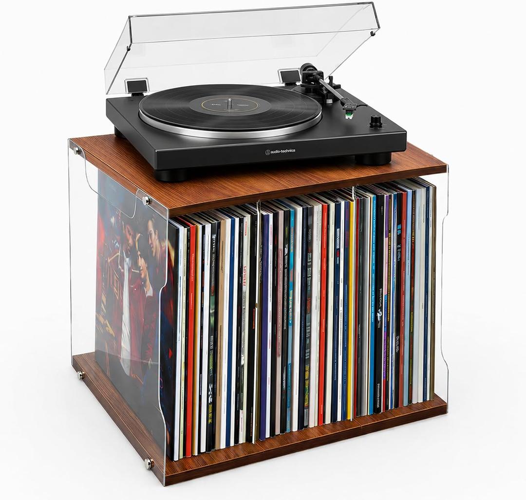 Wooden Acrylic Record Storage, Modern Minimalist Record Box, 80-Record Album Storage Box, Perfect Record Organizer for Home Decor and Collection Display (Brown)