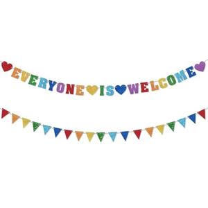 Glitter Everyone is Welcome Banner, First Day of School Classroom Pennant Banner Long Colorful Flag Welcome Back to School Hanging Ornaments Classroom Decoration Supplies, Set of 2