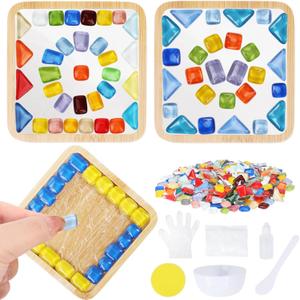 SAYAYA 4 Sets DIY Glass Mosaic Tiles for Crafts, Mixed Color Mosaic Kit with Wooden Coasters for Adults, Bamboo Coaster Materials Package for Arts & Crafts Handmade Home Decoration Gifts(Square Shape)