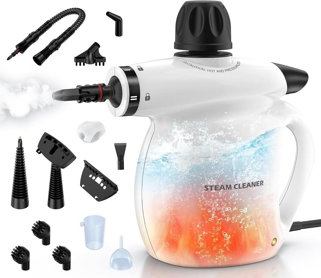 Steam Cleaner, Pressurized Handheld 13pcs Multi-Purpose Natural Deep Cleaning Steamer, Portable Steamer for Cleaning Home, Grout, Kitchen, Car, Window, Upholstery, Bathroom and Clothes, White
