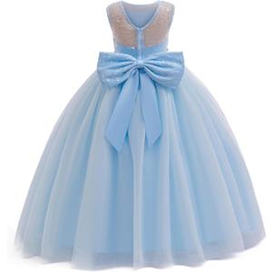Girls Sequin Tulle Dress Formal Pageant Sparkly Birthday Party Wedding Guest Ball Gown Dresses with Bow (Blue, S)