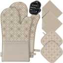 Oven Mitts and Pot Holders Set with Dishcloths, 500 Degree Heat Resistant Oven Gloves and Hot Pads, Premium Soft Cotton Kitchen Mittens and Dish Cloth Sets-Beige