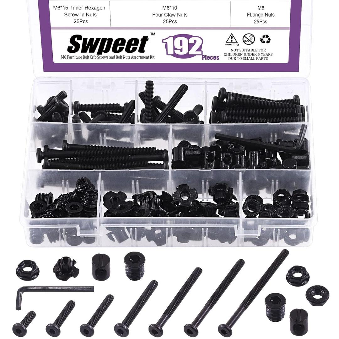 Swpeet 192Pcs M6  20/30/40/50/60/70/80mm Black Zinc Flat Head Hex Socket Cap Baby Crib Bed Bolts and Threaded Insert Nuts with Flange Nuts and 4 Pronged Tee T Nuts Kit with Allen Wrench