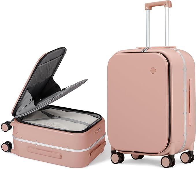 mixi Carry On Luggage, 20'' Suitcase with Front Laptop Pocket, Travel Rolling Luggage Aluminum Frame PC Hardside with Spinner Wheels & TSA Lock and Cover - Pink