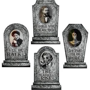 Hiboom 4 Pcs Halloween RIP Graveyard Tombstones with 4 Pcs 3D Changing Face Moving Picture Frame 16.7x13.8 Inch Large Halloween Tombstones Decoration for Yard Garden Lawn(Marble)