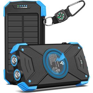 BLAVOR Solar Charger Power Bank 10,000mAh, Portable Wireless Charger, 20W Fast Charging External Battery Pack with USB C for Cell Phones, Solar Panel Charger with Dual Flashlight for Camping (blue)