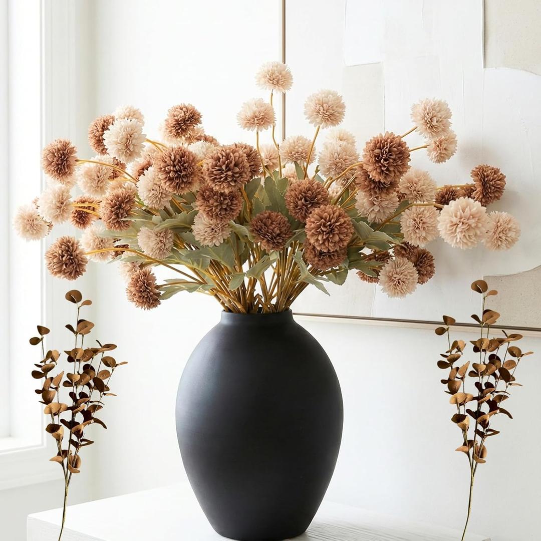 22pcs Artificial Beige & Brown Kiku Flowers with Eucalyptus Stems Bulk, Faux Silk Mum Pom Poms for Vase, Modern Farmhouse Boho Home Decor, Realistic Floral Centerpiece for Kitchen & Living Room