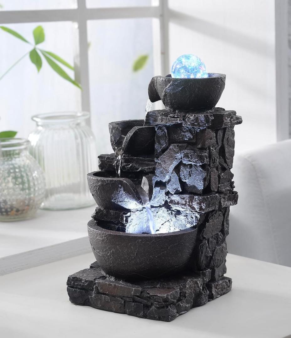 Tabletop Fountain Indoor Stone Four Bowls Waterfall Natural River Rocks Home Dcor Decorated Colorful Cold RGB Lights Rolling Ball (23066)