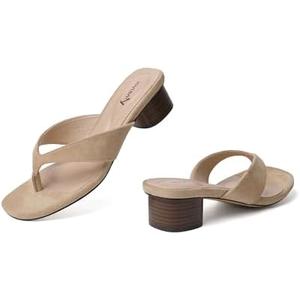vivianly Women's Suede Low Chunky Block Heel Flip Flops Square Toe Thong Heeled Sandals Casual Slip On Mules for Work Beach Casual Outings Beige Size 7