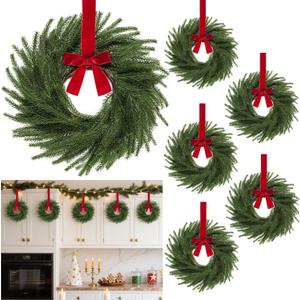 6 Pack 11 Inch Mini Christmas Wreath Small Christmas Kitchen Cabinet Wreaths with Red Velvet Bow Artificial Norfolk Pine Wreath Outdoor Christmas Wreaths for Windows Door Chairs Wall Stairs Home Decor