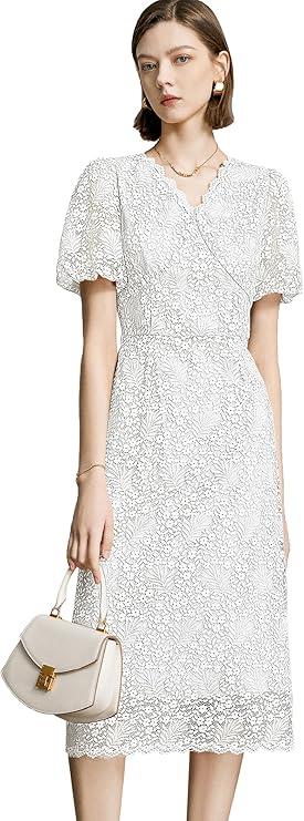 Women's Lace Floral V-Neck Dress with Puff Sleeves and Back Zipper, Elegant and Romantic Design
White Medium