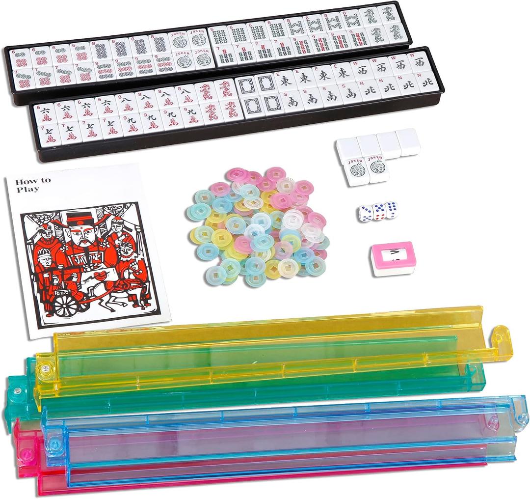American Mahjong Tile Set,166 White Tiles Mahjong Set,4 Colors Mahjong Racks,Travel Mahjong Set