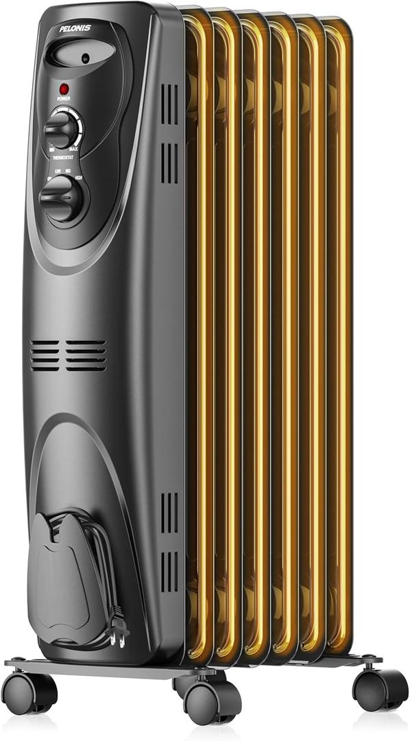 PELONIS Radiator Heater for Large Space, Electric Oil Filled Radiator, Dual Knobs, 1500W, Quiet Space Heater, 3 Modes, Tip-over Protection (Black)
